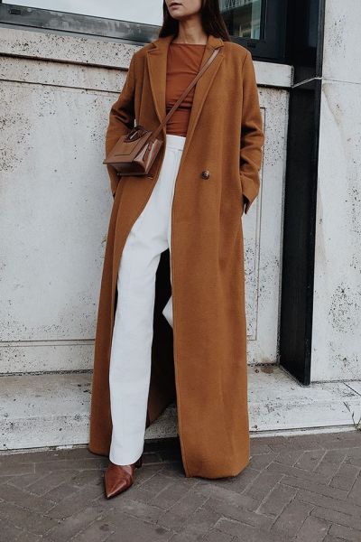 brown coat boots and bag