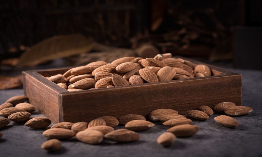 almonds in wooden box